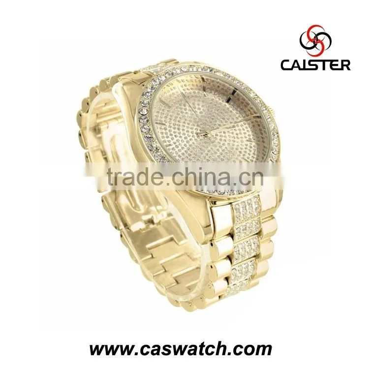 Hotsale gold-plated wristwatch, trendy Geneva Alloy Metal Hip Hop Bling Bling Watch, big face watch