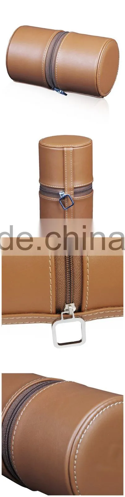Custom 2 Slot Round Leather Travel Watch Box With Zipper