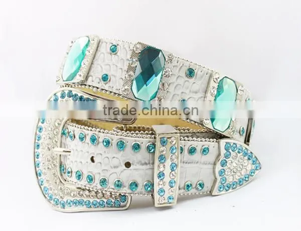 White PU rhinestone belt with alloy buckle
