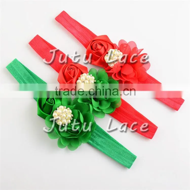 Red Green White Christmas DIY Kit Party Headband Kit -layer satin flower with rhinestone plus crochet elastic headband