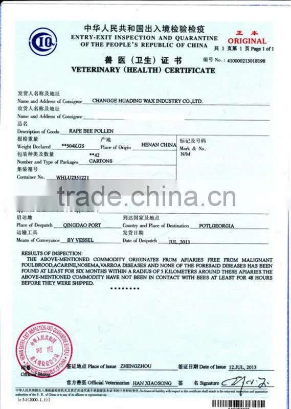 100% pure rape flower pollen with health certificate