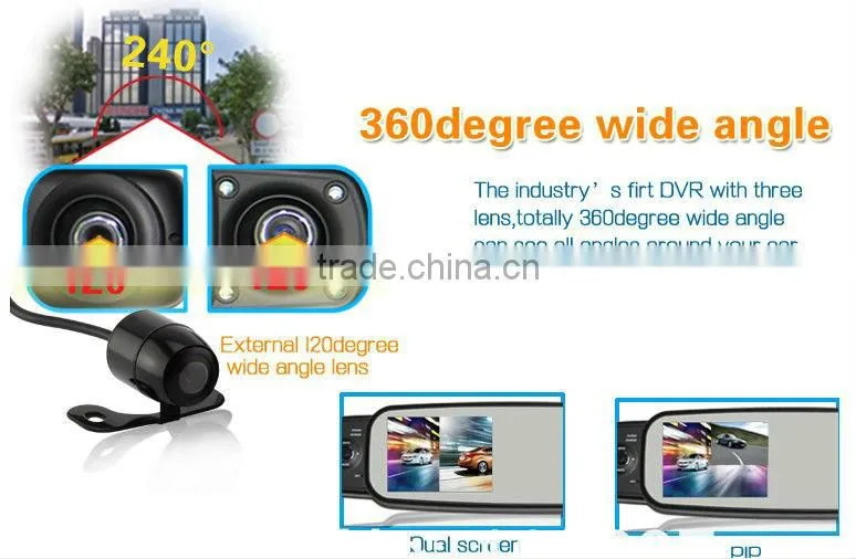 Newest 2000B HD 720P Night Vision car DVR GPS Camera Recorder Three Lens 360 Degree Wide Angle!car mirror camera