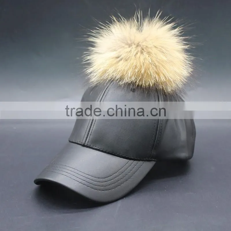 PU Leather Baseball Cap With Fake Foxfeather Pom Pom