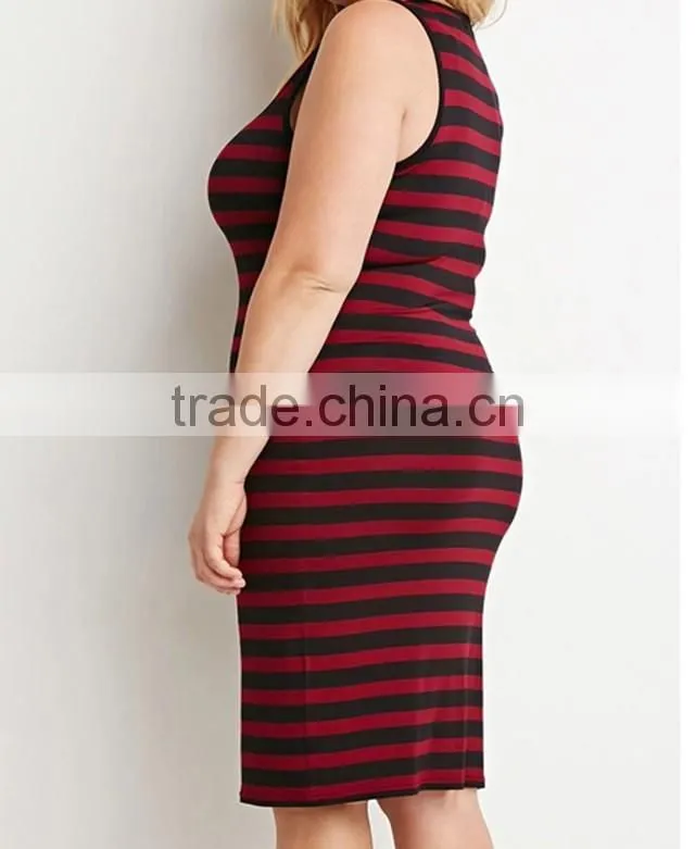 Women plus size spoon neck sleeveless tight cotton knit stripe tank dress