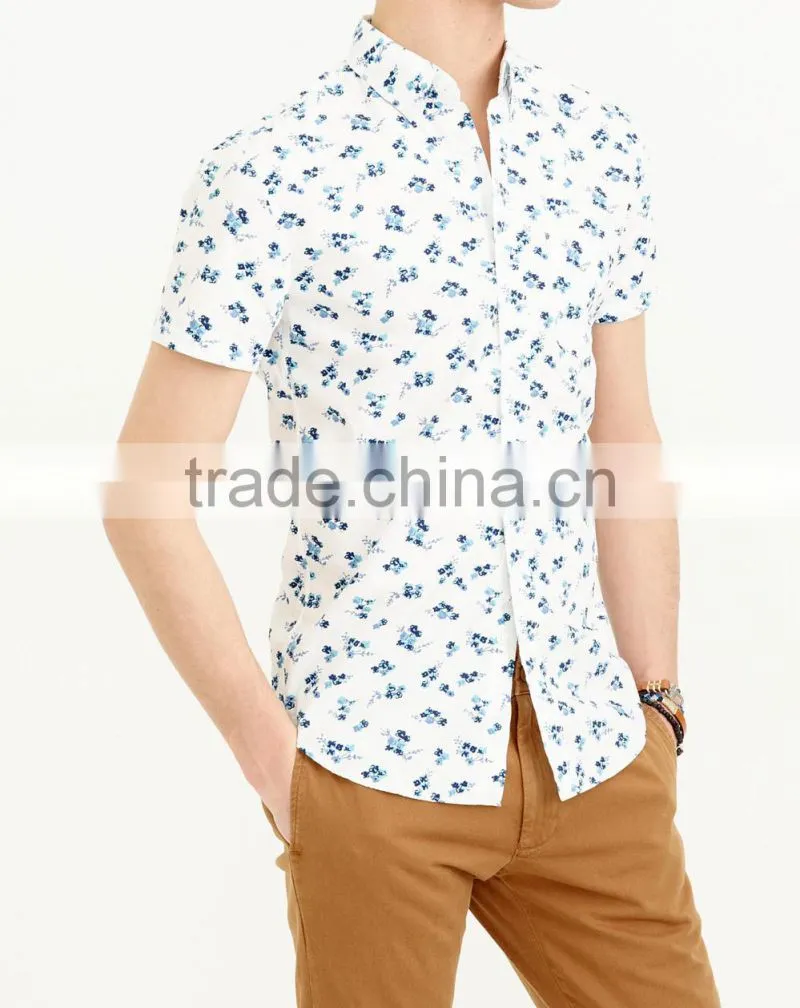 2015 latest style cotton mens custom shirt button-down collar short sleeve shirt in seaport floral print