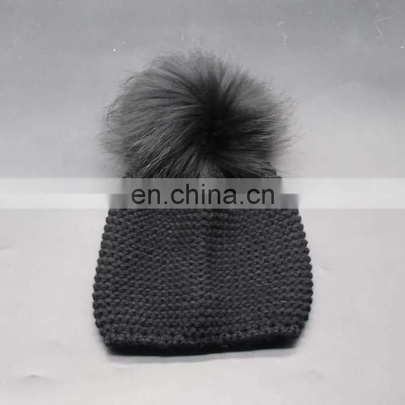 Fashion Kids Winter Knitted Raccoon Fur Pompom 100% Acrylic Knitted Beanie Hat