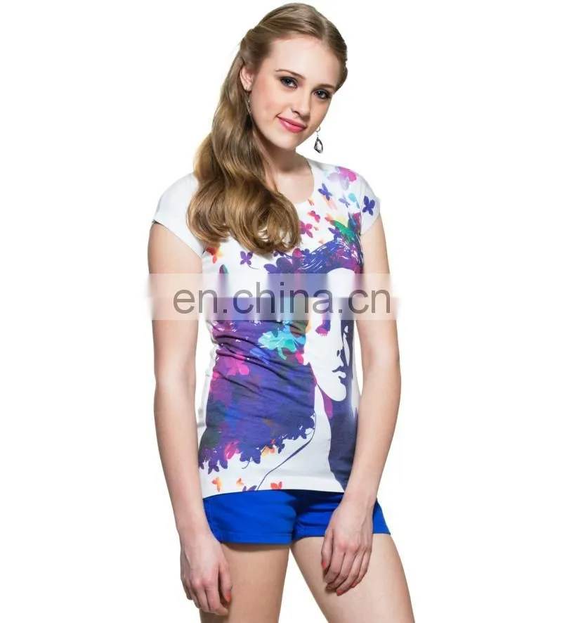 2015 Factory direct price wholesale 100% cotton plain women long sleeve t shirt Dreamy Butterfly Girl Print White T-shirt