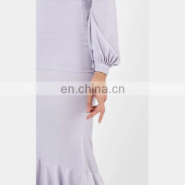 Elegant purple baju kurung modern ruffle design bell sleeve muslim dress