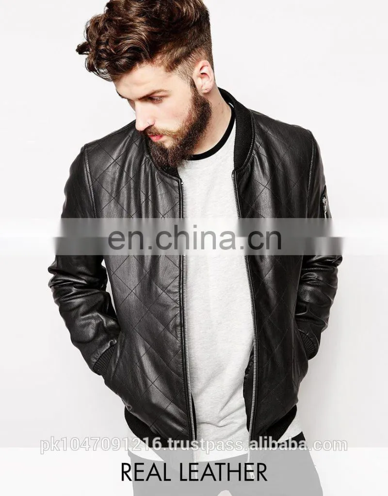 New 2014 Men Leather Jacket / Genuine Leather Jacket / Sheepskin Leather Quilted Bomber