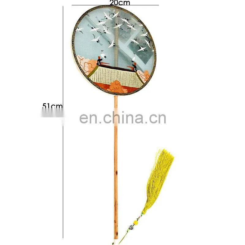 Chinese style multi-patternsilk embroidery dual-faced handmade fan with long wooden handle and tassel pendant(20*51cm)