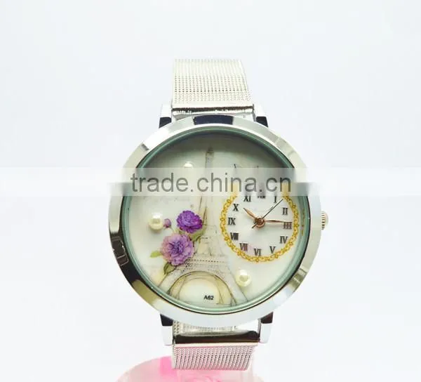 metal netting strap wristwatch covered with violet , betterfly ,pearls and Effiel Tower