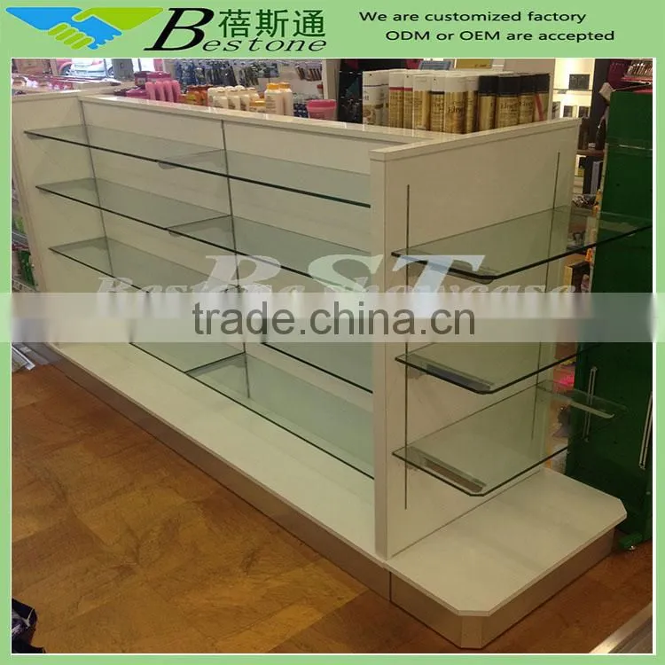 Retail store slatwall tempered glass gondola for pharmacy