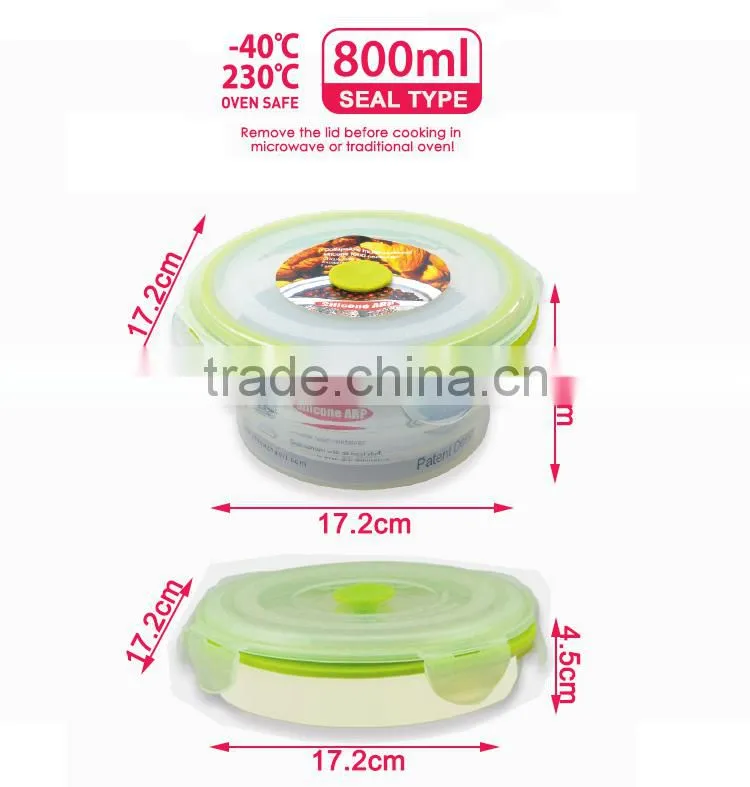 800ml Silicone food container with PP lid , Platinum silicone, Foldable, Non-stick, BPA FREE, Double colors, FDA, LFGB, DGCCRF