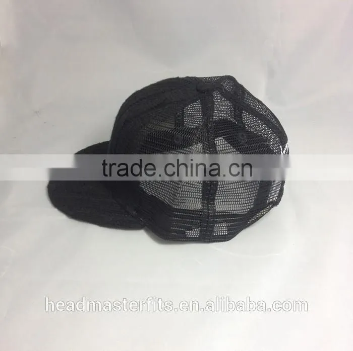 Custom embroidery black knitted crochet printed flat underbrim mesh trucker snapback cap