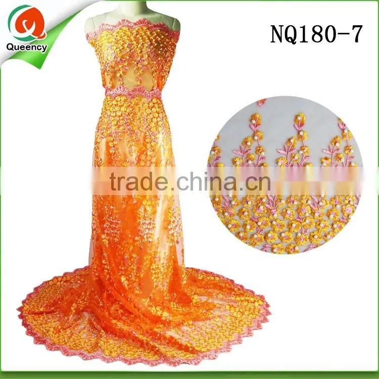 NQ180-7 orange nigeria fabric tulle net lace fabric with pearls