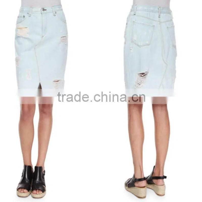 100% Cotton Wholesale Destroyed Zip Fly Straight Hem Summer Maxi Jeans Skirt For Lady