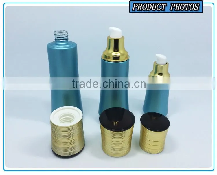 Bule colored cosmetic glass lotion pump bottle and cosmetic luxury jar