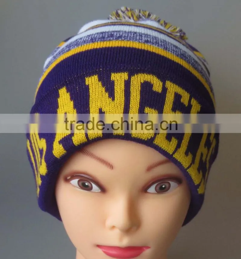stripe jacquard knitted beanie hat with pom pom,beanie hats with top ball