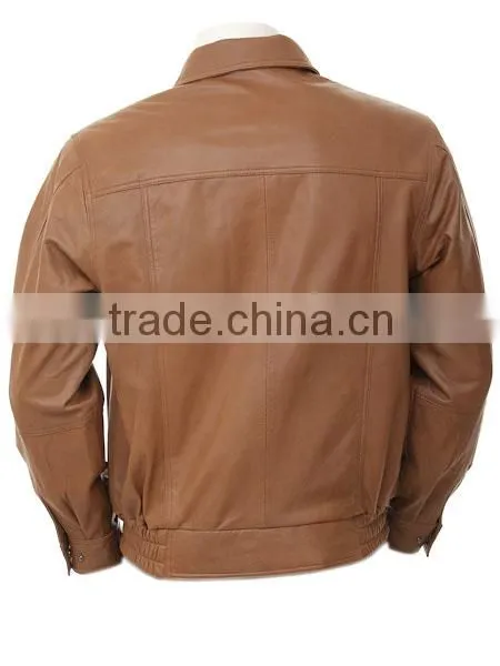 men's Tan Leather Collar Bomber Jacket