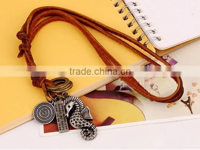 2016 New Design Vintage Hippocampus Leather Necklace Men Handmade Jewelry