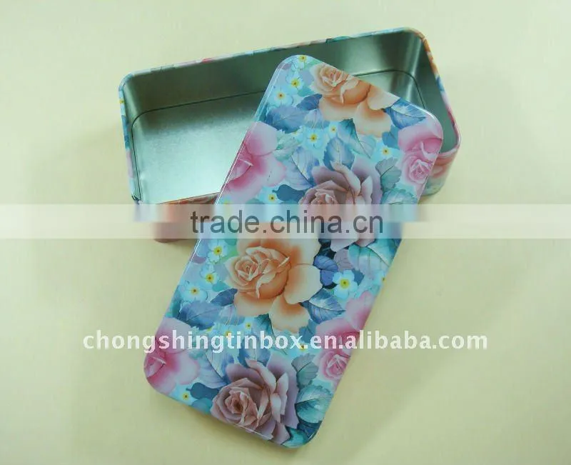 Rectangular metal packaging box with PET window