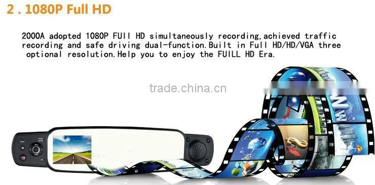 2013 New Car Mirror with G-sensor 1080P Full HD 120 Degree Wide Angle Camera the Registrar Rear View Car DVR Night Vision 2000A
