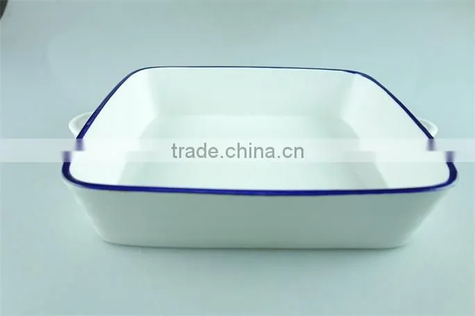 White blue line zakka style enamel ceramic baking dish with handles rectangular baking dish