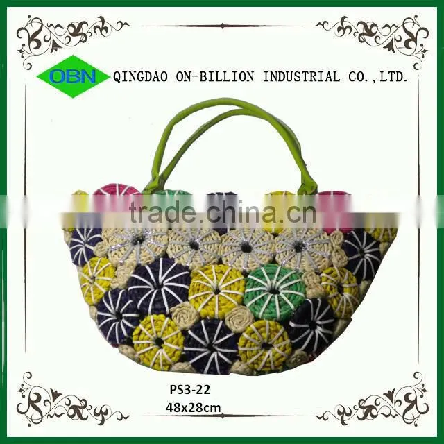Wholesale corn husk weave bag with leather handle