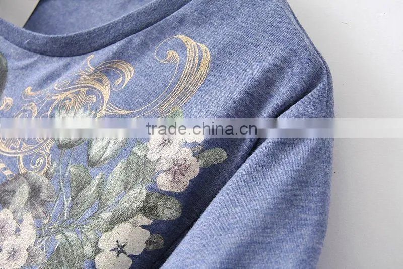 spring Summer New Fashion Women T Shirt Royal Wind Flower Print O-Neck Short-Sleeve Roll Up Hem Cotton T-Shirts clothing