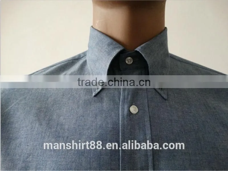 2016 100% cotton chambray fabric button down roll collar long sleeve washed denim dress shirt for men