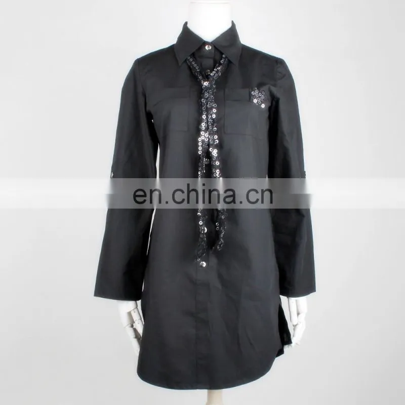 Spread collar fashion style women long shirts with Sequins tie non iron