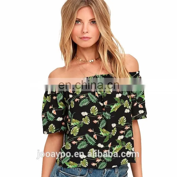 New Fashion Ruffle Floral Print Off The Shoulder Short Sleeves Chiffon Top Latest Long Tops Designs Girls