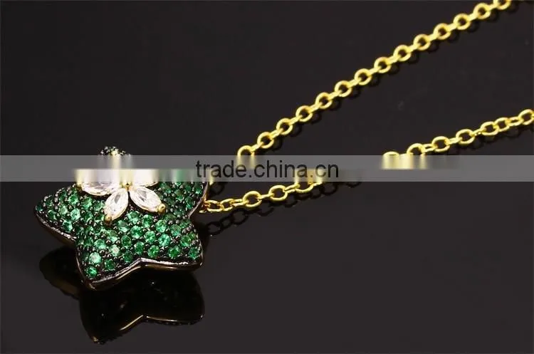 New White Gold Green Color CZ Stones Star Charm Pendant Jewelry Necklace Set