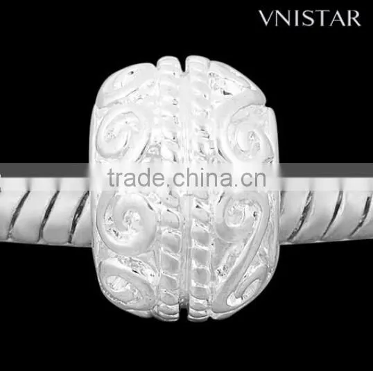 Vnistar silver&antique Silver plated european large hole metal bead with swirl stamped fit for european bracelet size in 9*12mm