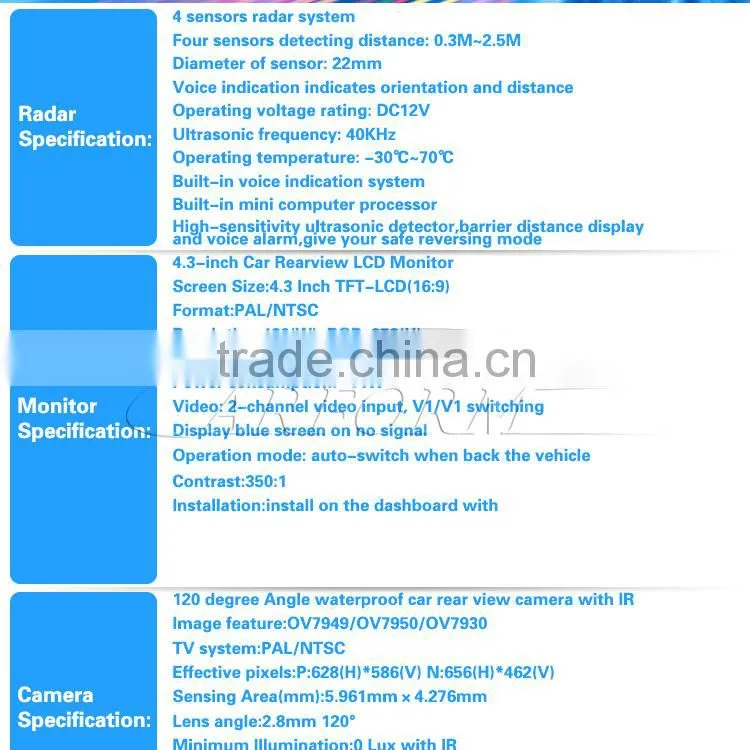 3.5 inch TFT bluetooth reverse car parking sensor with 120 waterproof reverse camera