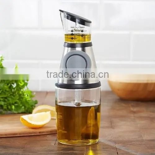 Press and Measure Olive Oil Glass Bottle- Salad Dressing Dispenser Infuser - Vinegar Pourer