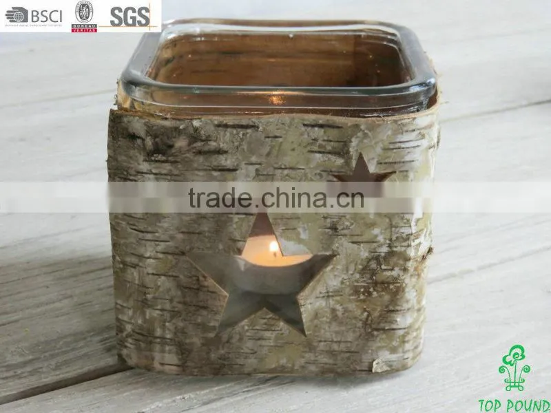 natural material wooden birch bark glass candle holder