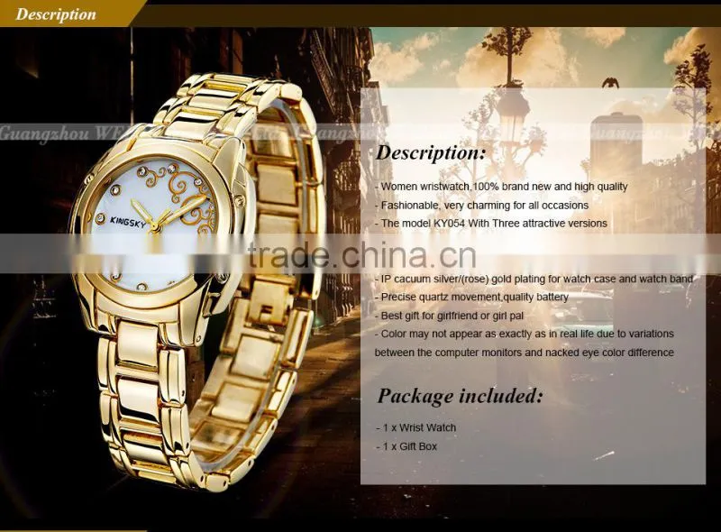 Kingsky KY054 Gold Plated Women Fashion Hand Watch for Girl