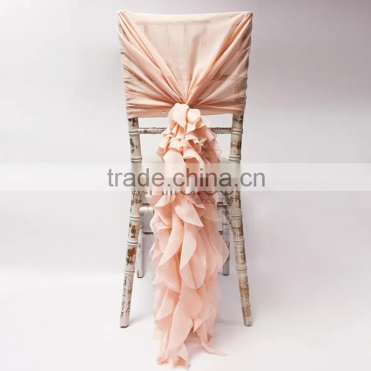 Hot sale 2016 wholesale blush chiffon ruffled wedding chair cover sash hood
