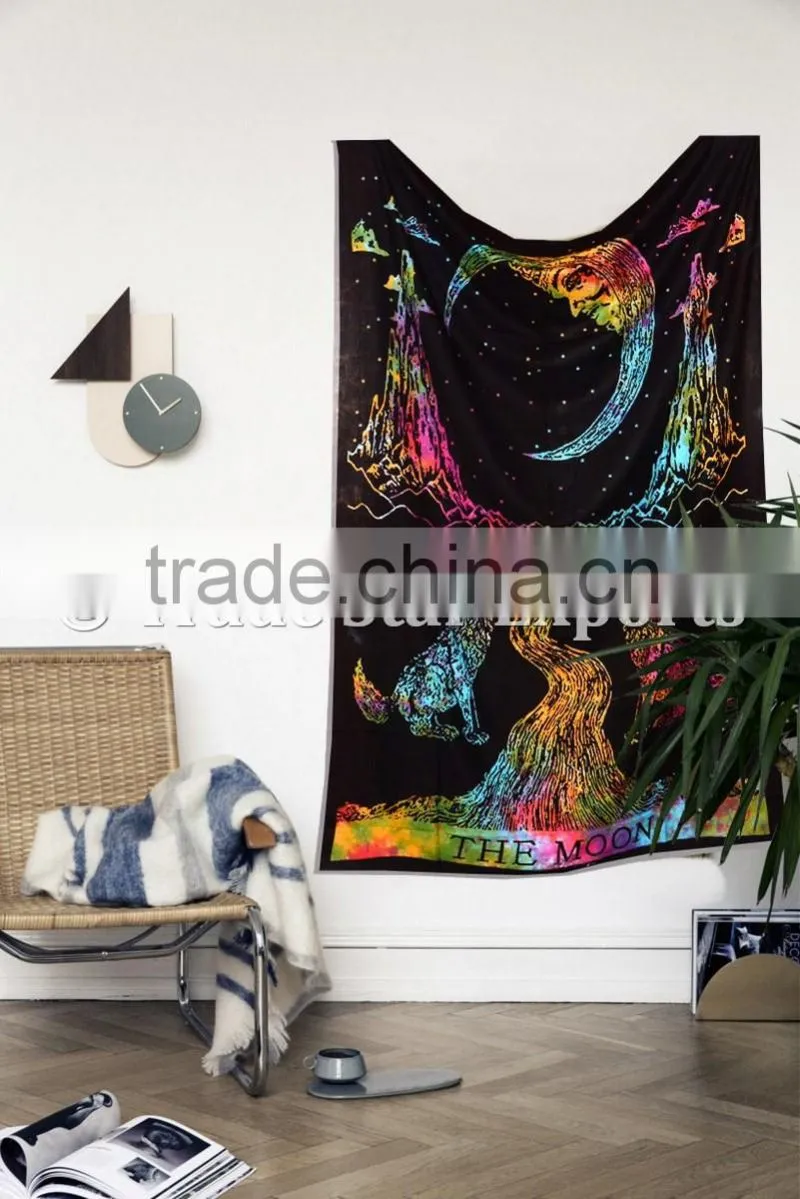 Twin Size Tie Dye Wolf Howling at Moon Wall Art Cotton Boho Wall Hanging Tapestry