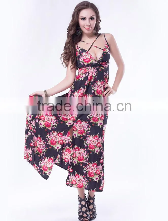 Beautiful floral pattern front strap halter neck korean fashion summer long dress