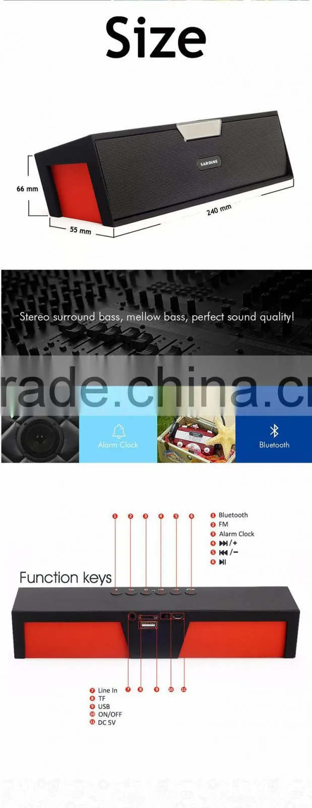 Small size flac supported led light time display dual channel bluetooth speaker with fm antenna