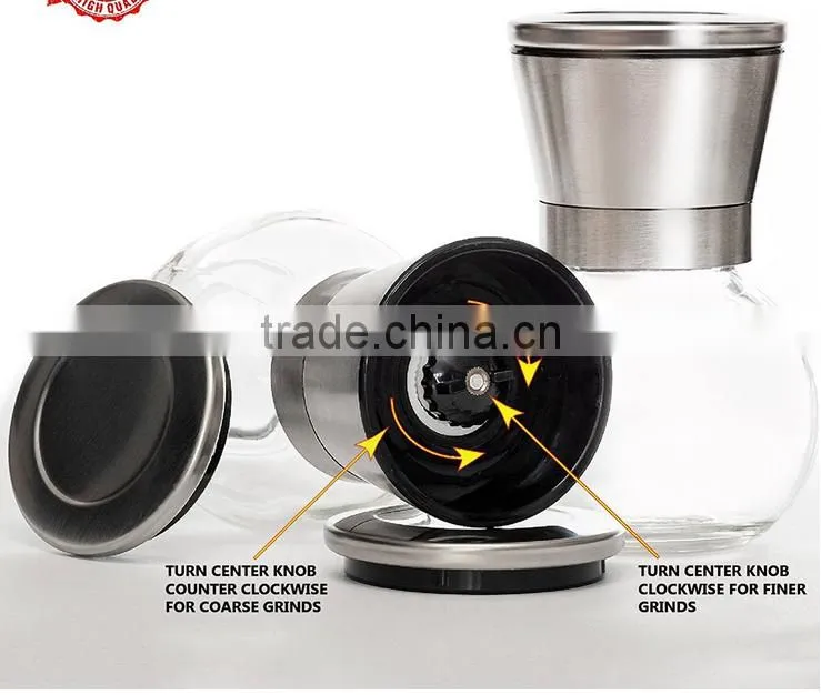 manual glass spice bottle grinder/pepper and salt mill 6 Oz Glass Body and 5 Grade Adjustable Ceramic Rotor