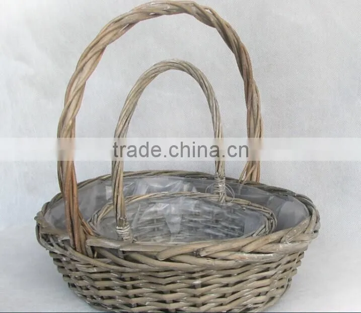 100%Handmade Natural plastic lined grey wicker flower plant basket gardon basket indoor flower plant basket