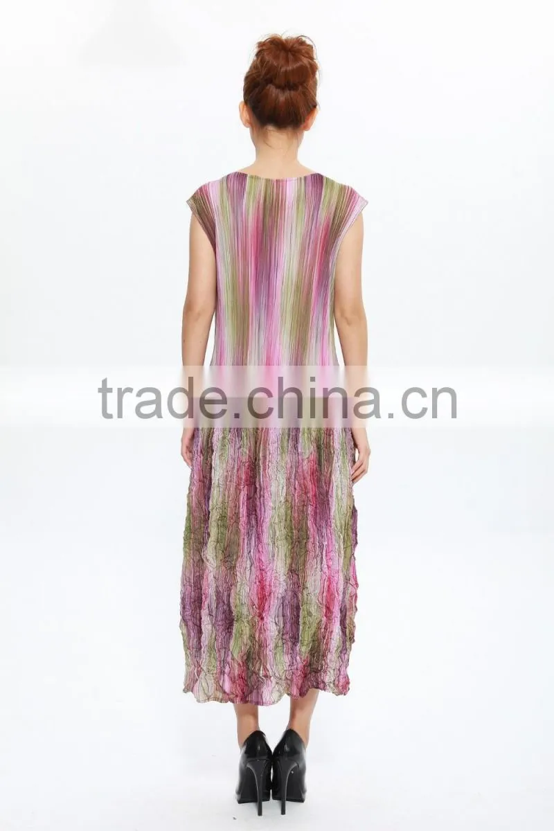 Women latest designs colorful printing sleeveless pleated dresses