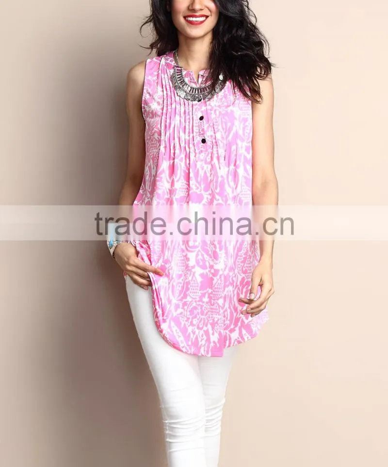 New Summer Women Tops With Pink Floral Notch Neck Pin Tuck Sleeveless Tunic Women Blouse Women Clothing GD90426-23