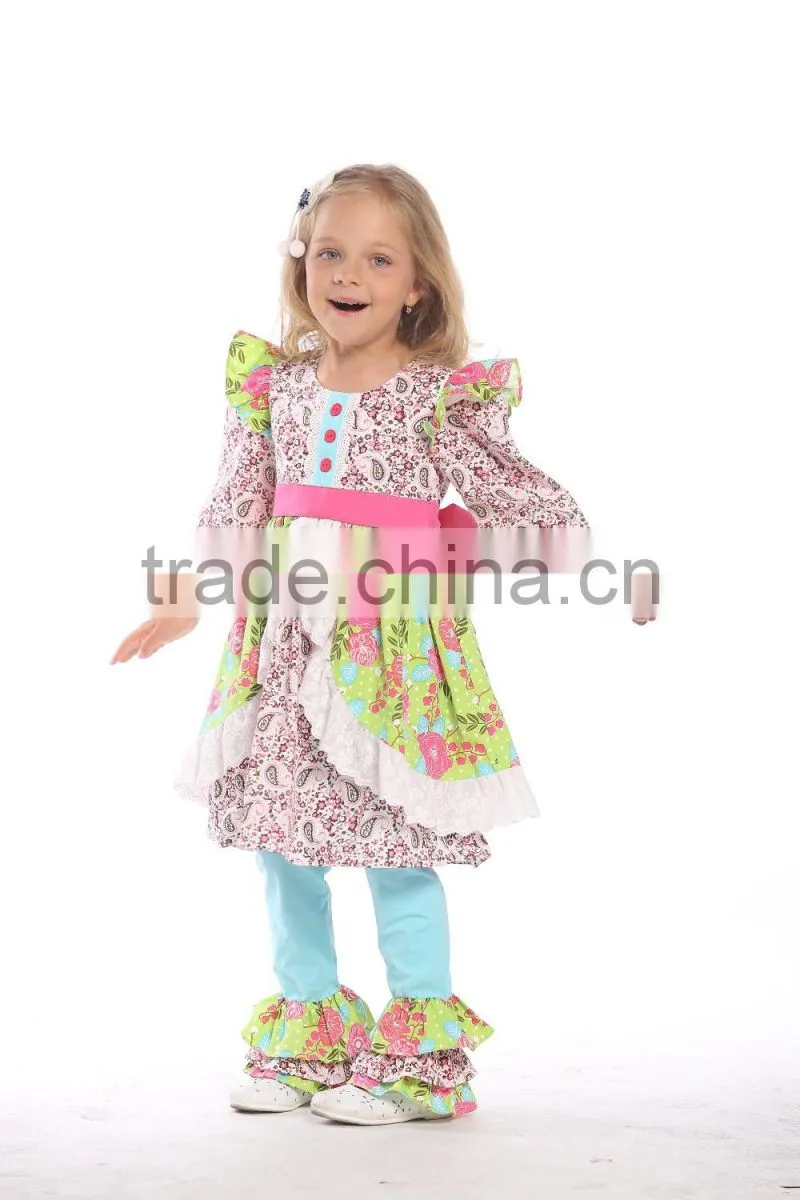 Latest girl ruffle outfits fashion printed prom girls ruffle raglan pants set