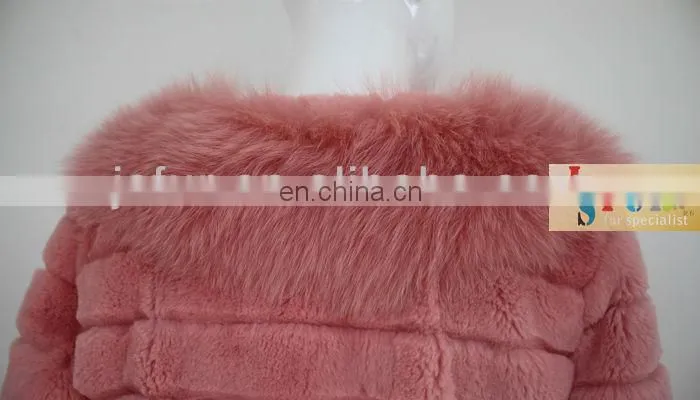 Pretty strawberry pink long rabbit fur women coat with fox fur collar