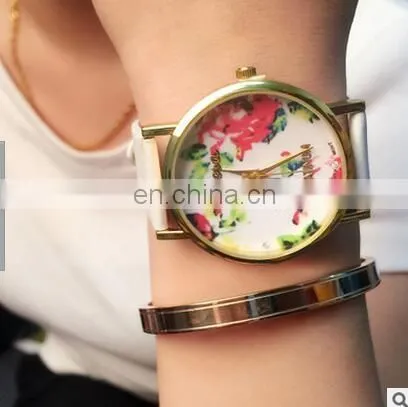Women Quartz Watch Top Fashion Flower Female Clock Newly Design Simple Lady Dress PU Leather watch