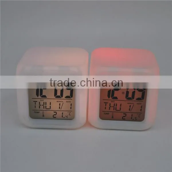 hot selling seven color changing alarm clock, square clock